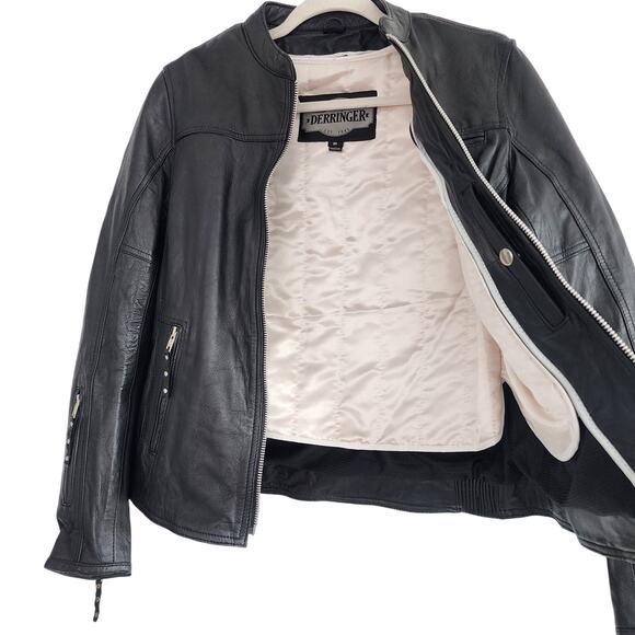 Derringer Black Genuine Leather Moto Jacket Zip Up Silver Hardware Size Medium - Picture 4 of 6